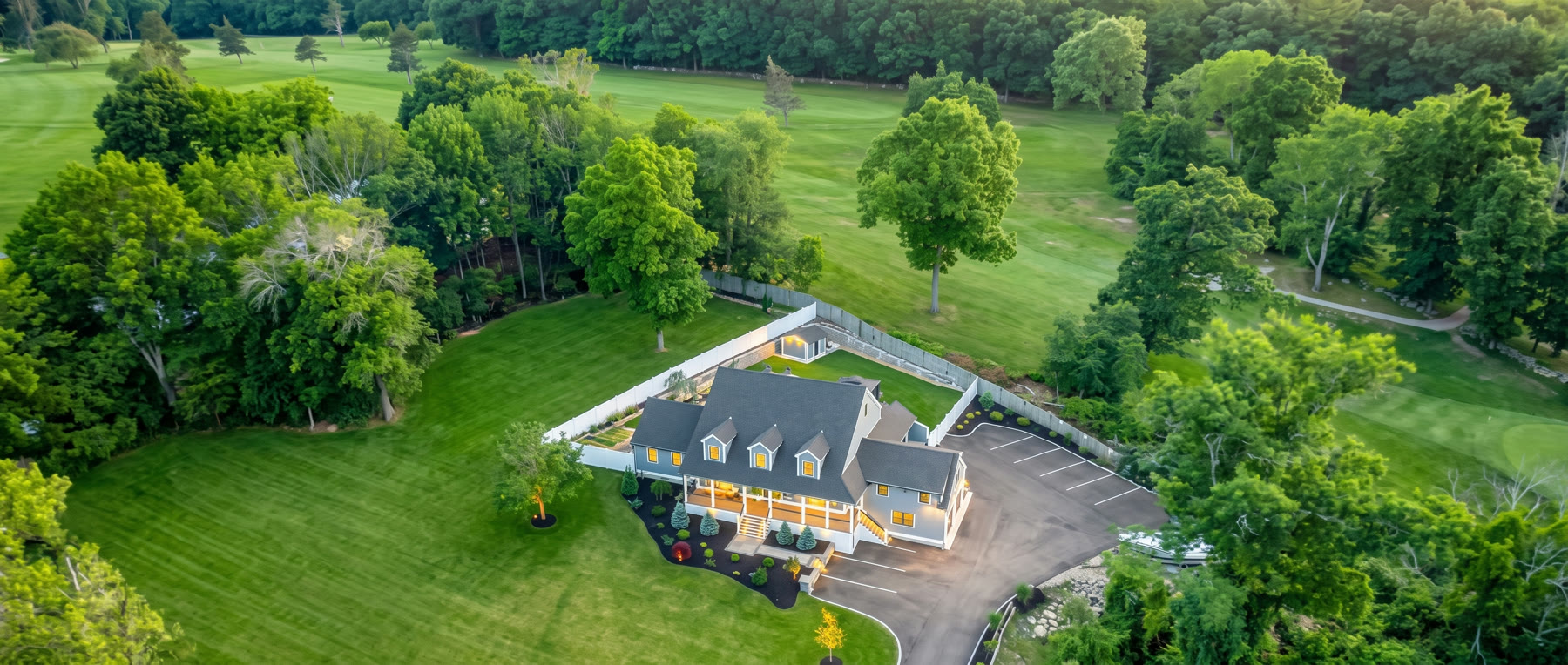 An aerial view of the house and grounds