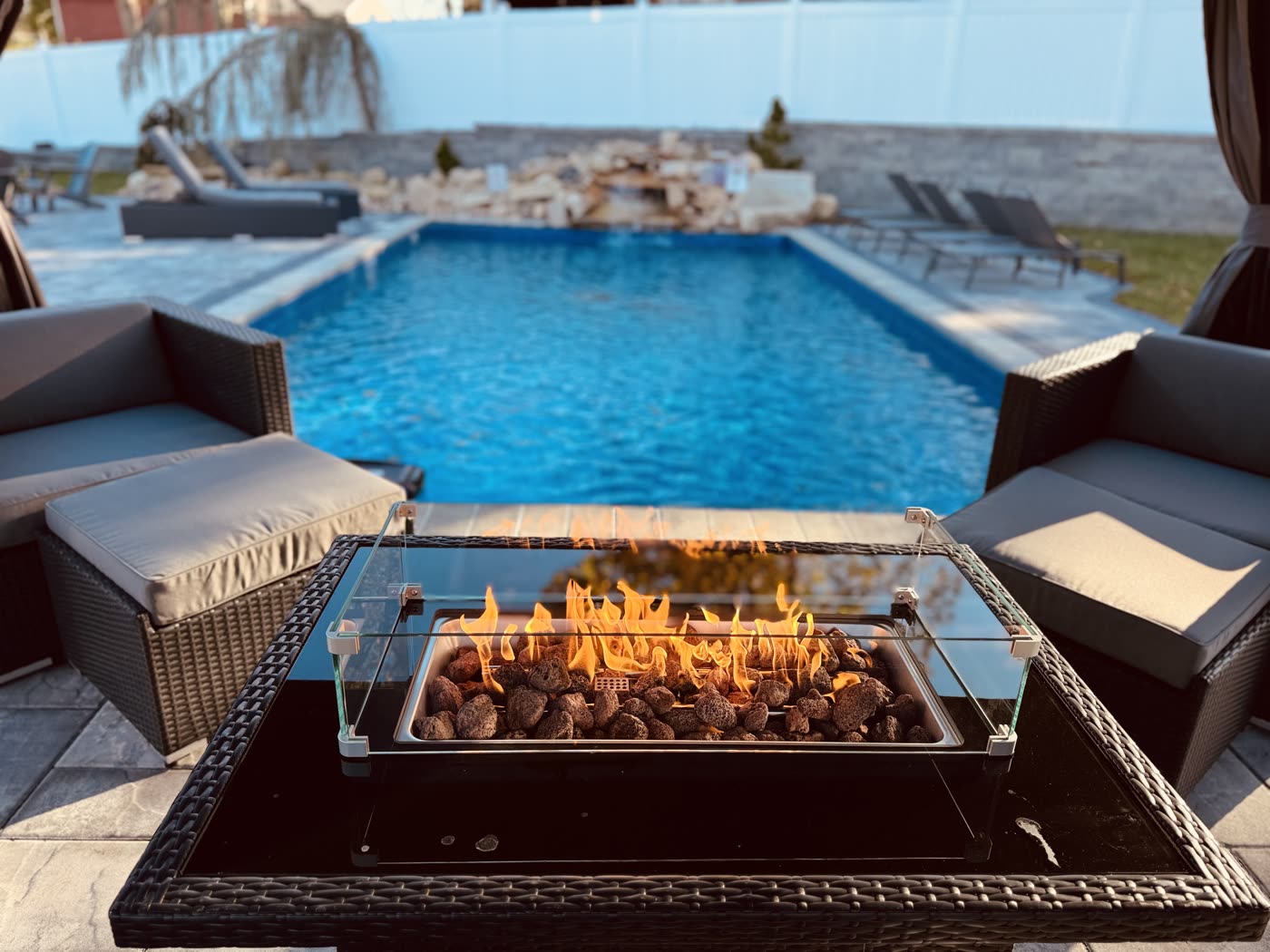 The pool and patio from the far side
